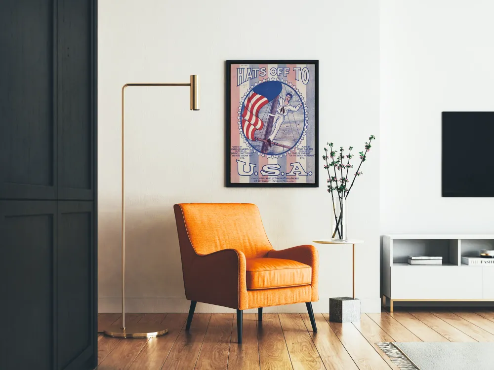 Affiche vintage patriotique américaine avec marin et drapeau U.S.. Artem Legrand