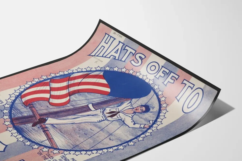 Affiche vintage patriotique américaine avec marin et drapeau U.S.. Artem Legrand