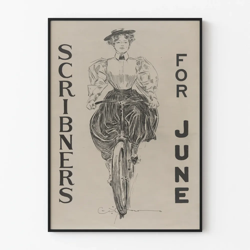 Affiche vintage Scribners June avec femme à vélo Artem Legrand