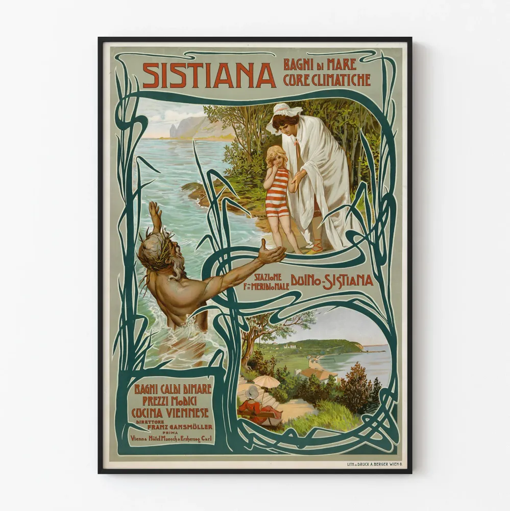 Affiche vintage tourisme Sistiana plages et cures marines Artem Legrand