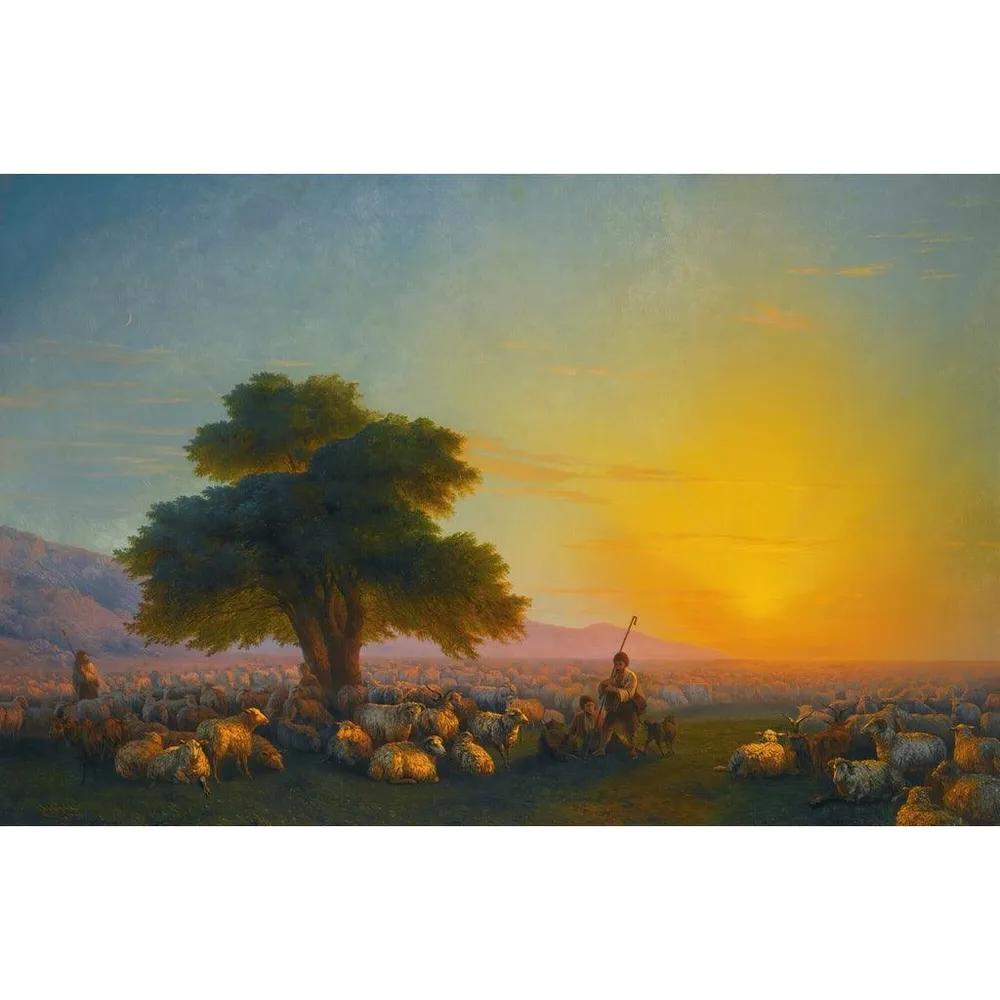 Tableau Bergers avec leur troupeau au coucher du soleil - Ivan Konstantinovich Aivazovsky | Reproduction Artem Legrand