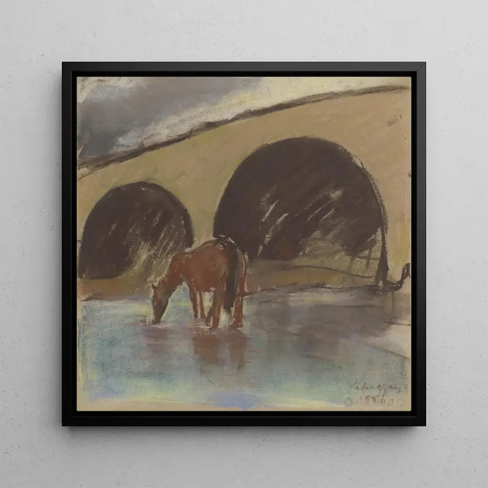 Tableau Cheval arrosant buvant d'une rivière sous un pont en arc - Zolo Palugyay | Reproduction Artem Legrand