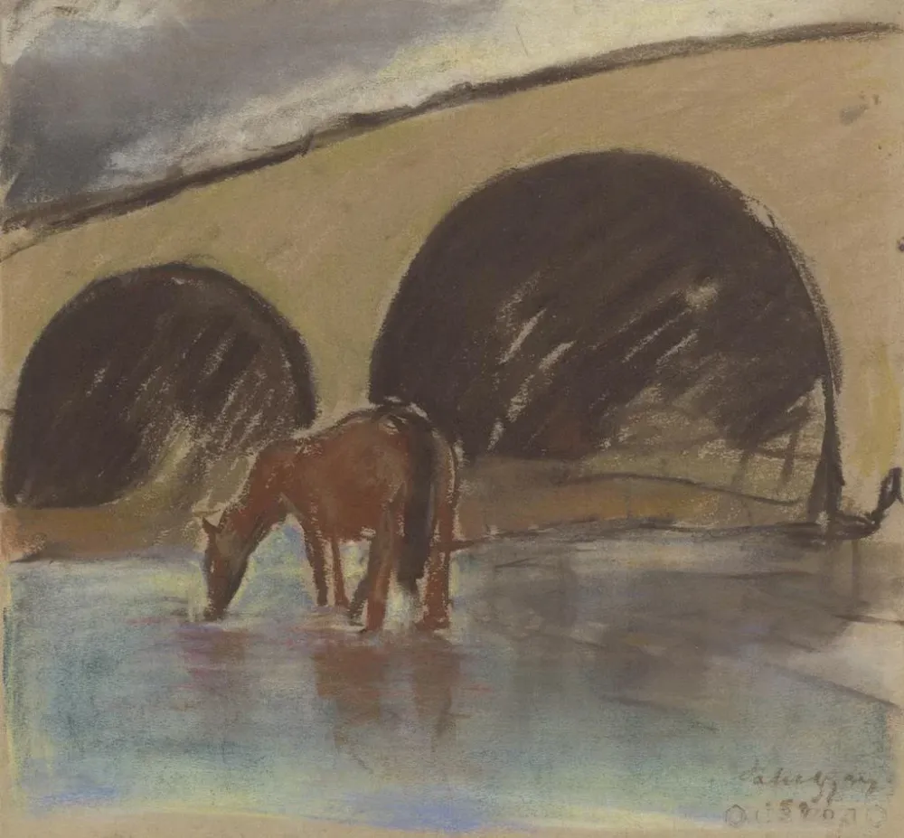 Tableau Cheval arrosant buvant d'une rivière sous un pont en arc - Zolo Palugyay | Reproduction Artem Legrand