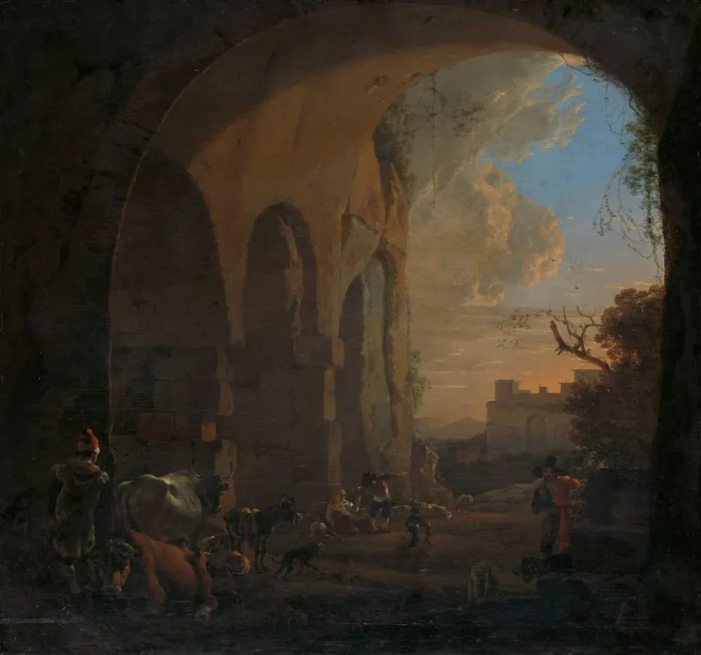 Tableau Conducteurs avec du bétail sous une arche du Colisée à Rome - Jan Asselijn | Reproduction Artem Legrand