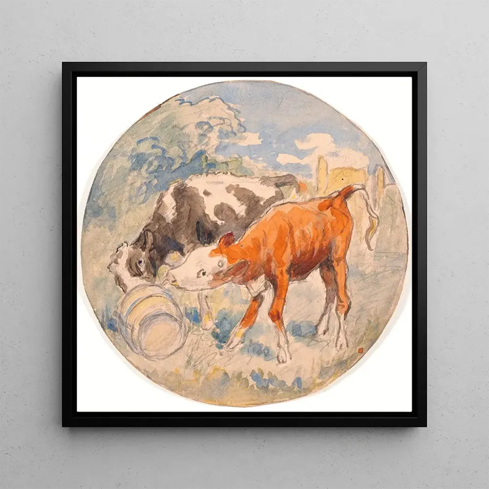 Tableau Deux veaux dans la nature léchant une tache de lait esquisse pour un plat en céramique - Theodor Philipsen | Repro...