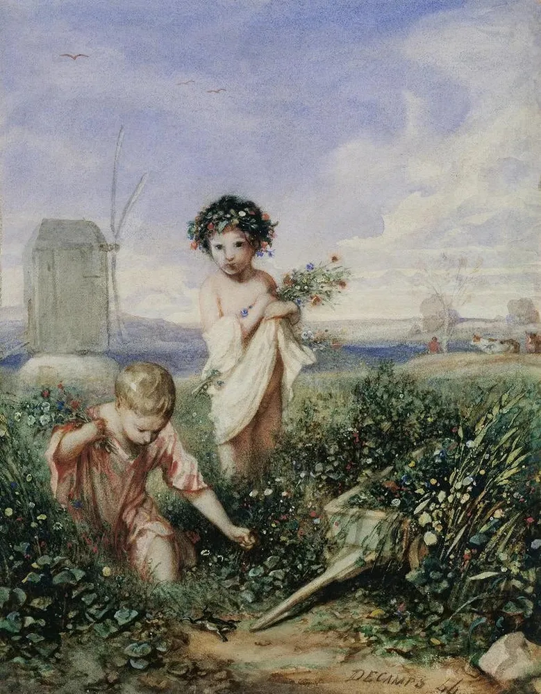 Tableau Enfants cueillant des fleurs - Alexandre-Gabriel Decamps | Reproduction Artem Legrand
