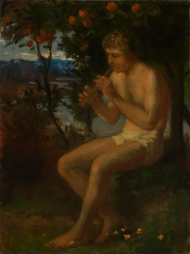 Tableau Garçon jouant de la flûte au bord du lac - Albert Lang | Reproduction Artem Legrand