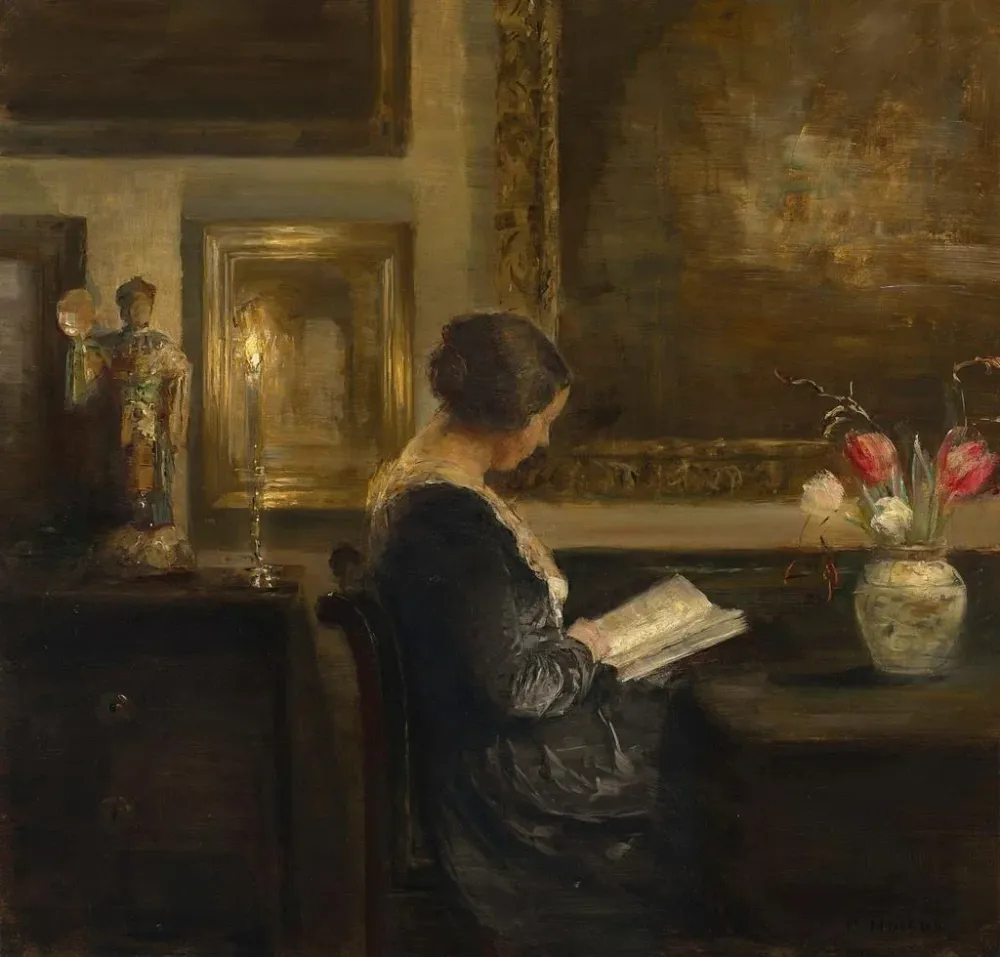 Tableau Lecture à la lumière des bougies - Carl Holsøe | Reproduction Artem Legrand