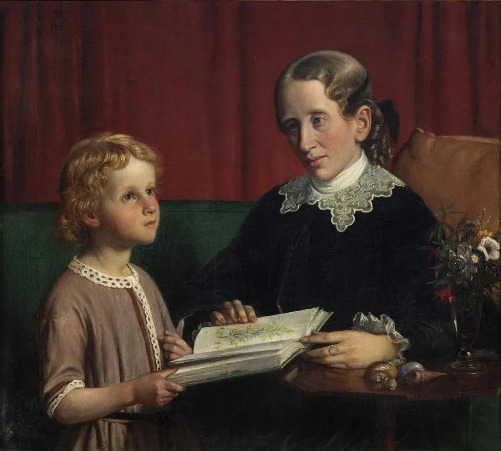 Tableau Mademoiselle Annette Hage 1814-1857 montre à son neveu Hother Hage 1849-1904 un livre sur les plantes - Wilhelm Ma...