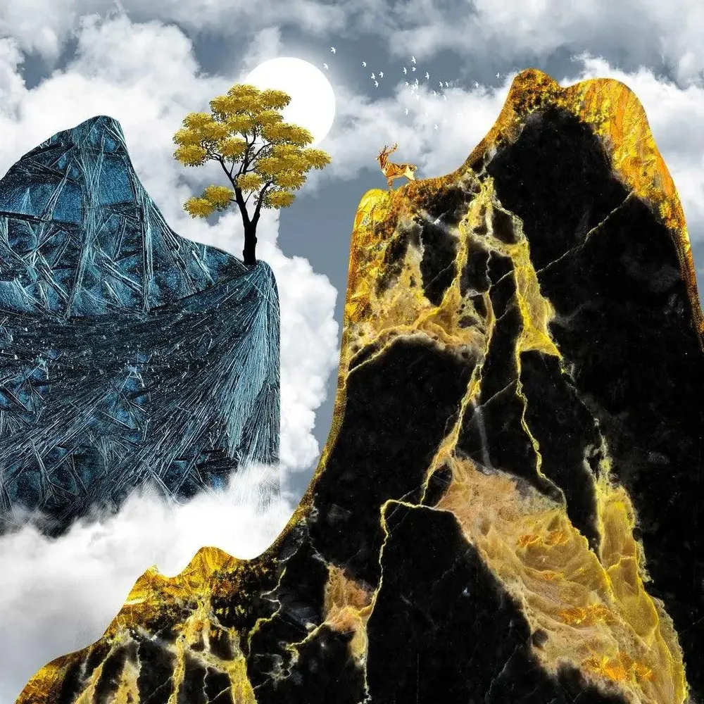Tableau Montagne dorée | Collage artistique | Reproduction Artem Legrand