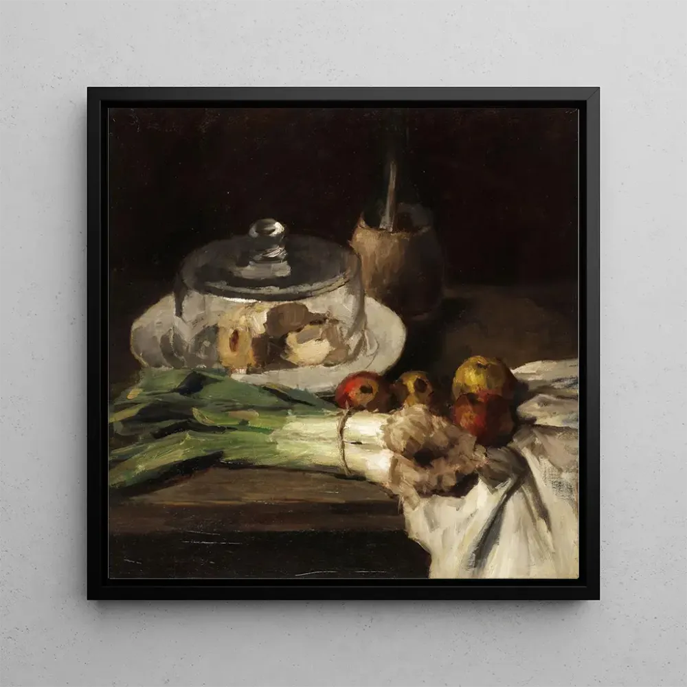 Tableau Nature morte avec un bouquet de poireaux, une cloche de fromage et des pommes - Carl Schuch | Reproduction Artem L...