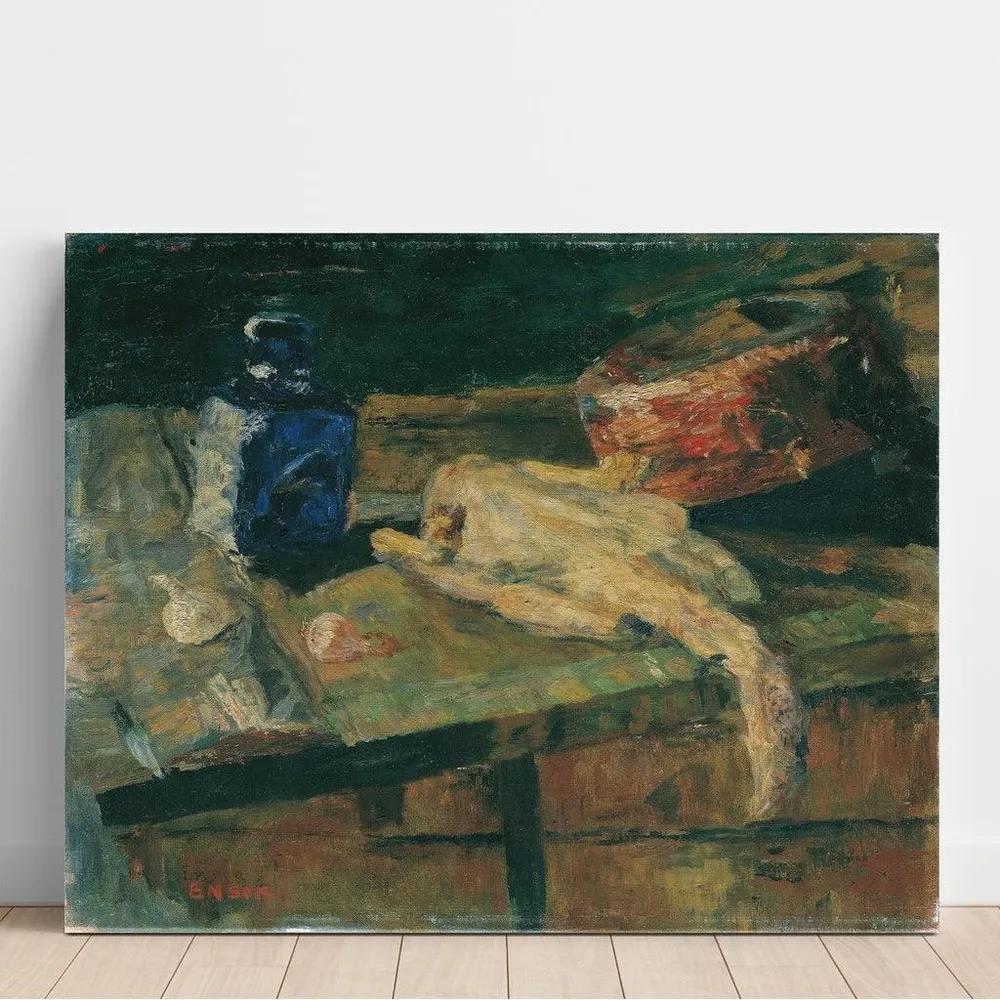 Tableau Nature morte avec bouteille bleue et poulet plumé - James Ensor | Reproduction Artem Legrand