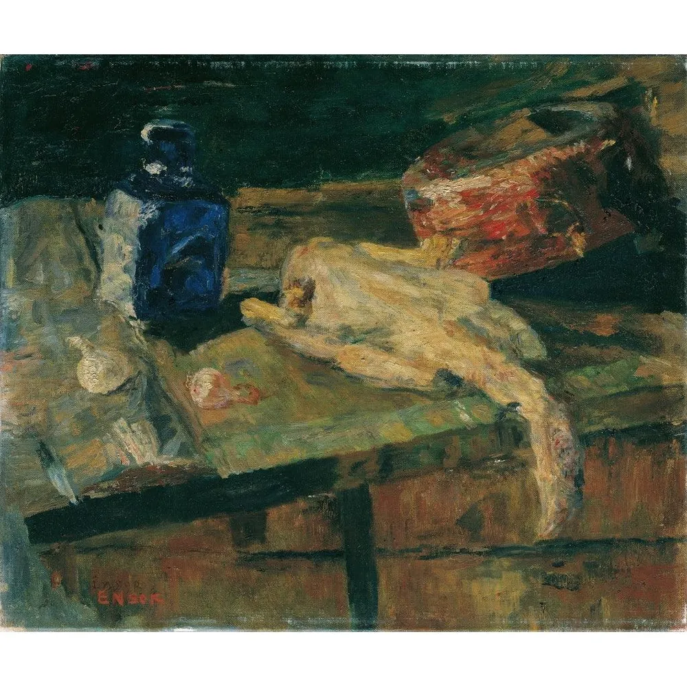 Tableau Nature morte avec bouteille bleue et poulet plumé - James Ensor | Reproduction Artem Legrand