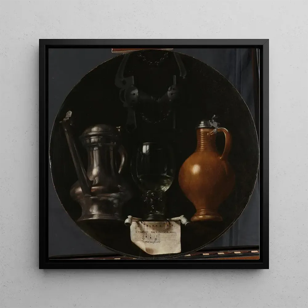 Tableau Nature morte emblématique avec flacon, cruche en verre et bride - Johannes Torrentius | Reproduction Artem Legrand