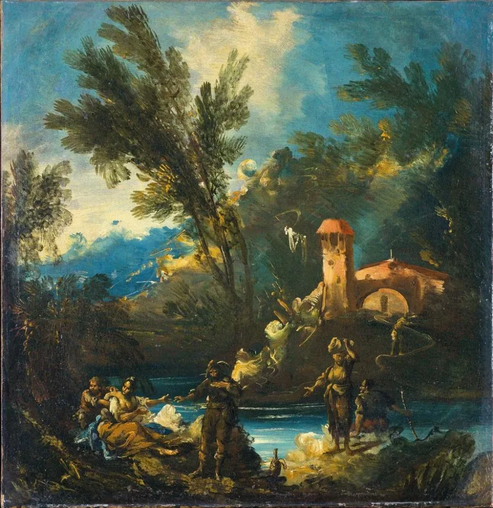 Tableau Un paysage fluvial boisé avec des figures - Antonio Francesco Peruzzini | Reproduction Artem Legrand