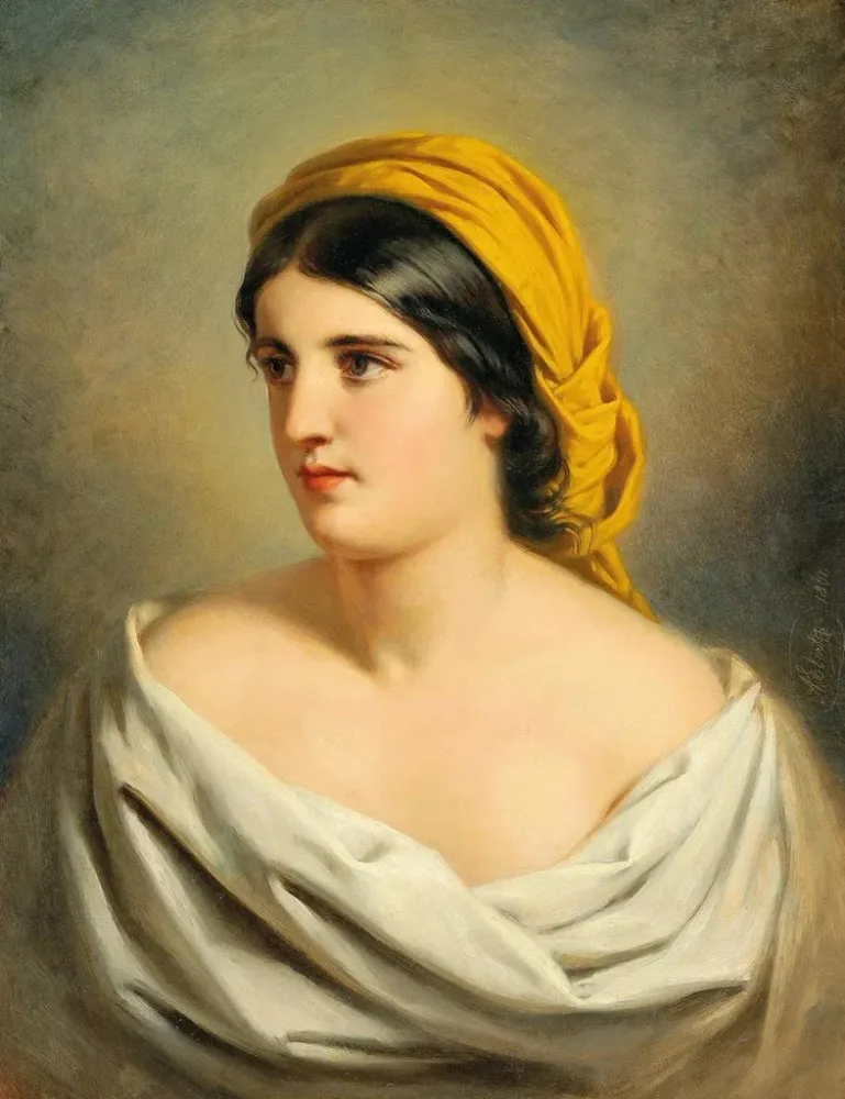 Tableau Portrait d'une femme au foulard jaune - Anton Ebert | Reproduction Artem Legrand