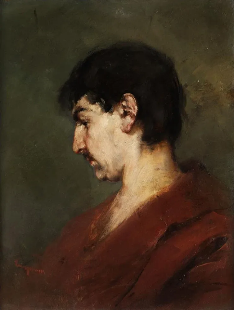 Tableau Portrait de tête d'un jeune homme aux cheveux noirs et au manteau rouge - Anton Laupheimer | Reproduction Artem Le...