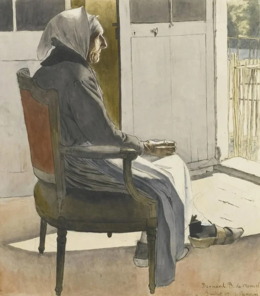 Tableau Portrait de vieille paysanne assise devant une porte - Bernard Boutet de Monvel | Reproduction Artem Legrand