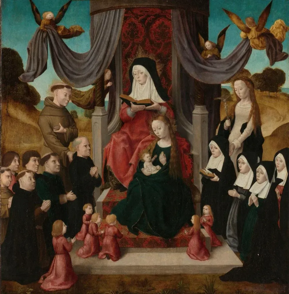 Tableau Vierge et Enfant avec Sainte Anne et Saints François et Lidwina avec les donateurs Anna Selbdritt - Maître des pan...