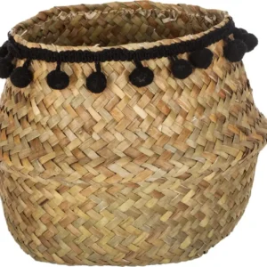 Atmosphera Panier de rangement en osier pompon noir - Pot de fleurs - Jonc de mer - D 16 cm