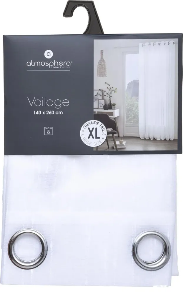 Atmosphera Rideau Voilage Anissa 135x260cm - Prêt à poser avec anneaux - Blanc