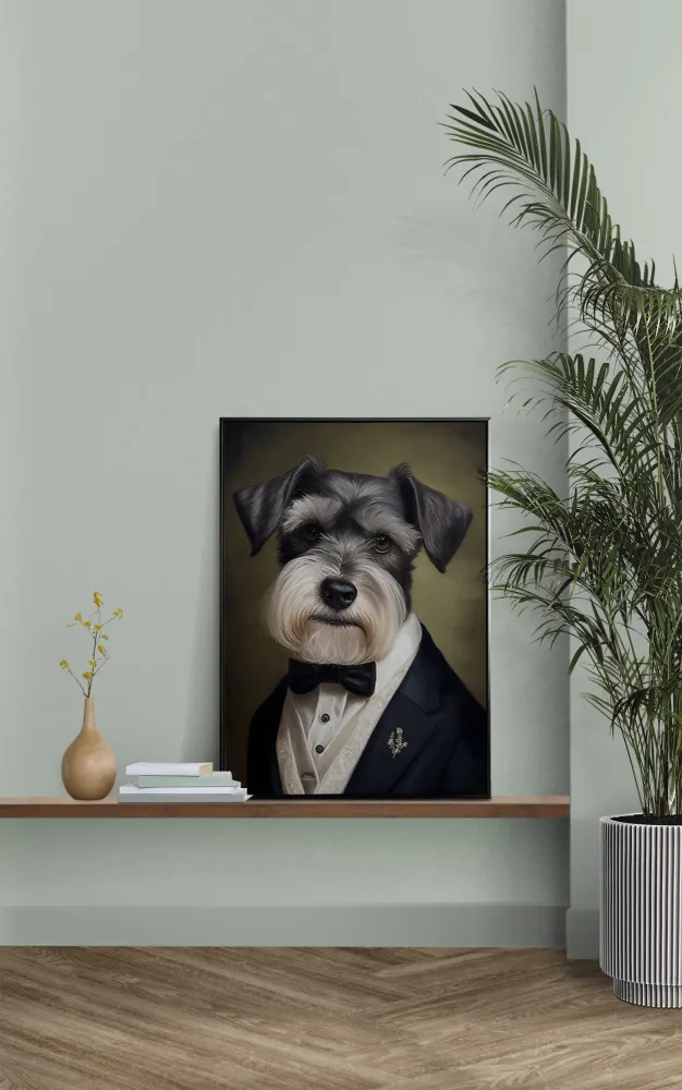 Portrait de Schnauzer en Smoking - Poster Chic et Humoristique de Chien - Décoration Murale Originale Balthazart Studio