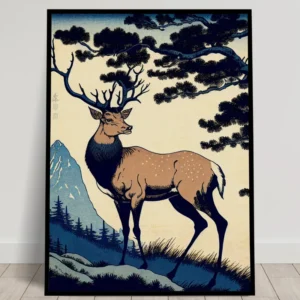 Poster Murale de Cerf, Illustration Style Art Japonais, Décoration Murale Paysage de Nara Balthazart Studio