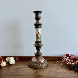 Bougeoir en cuivre et porcelaine peinte à la main 19ème