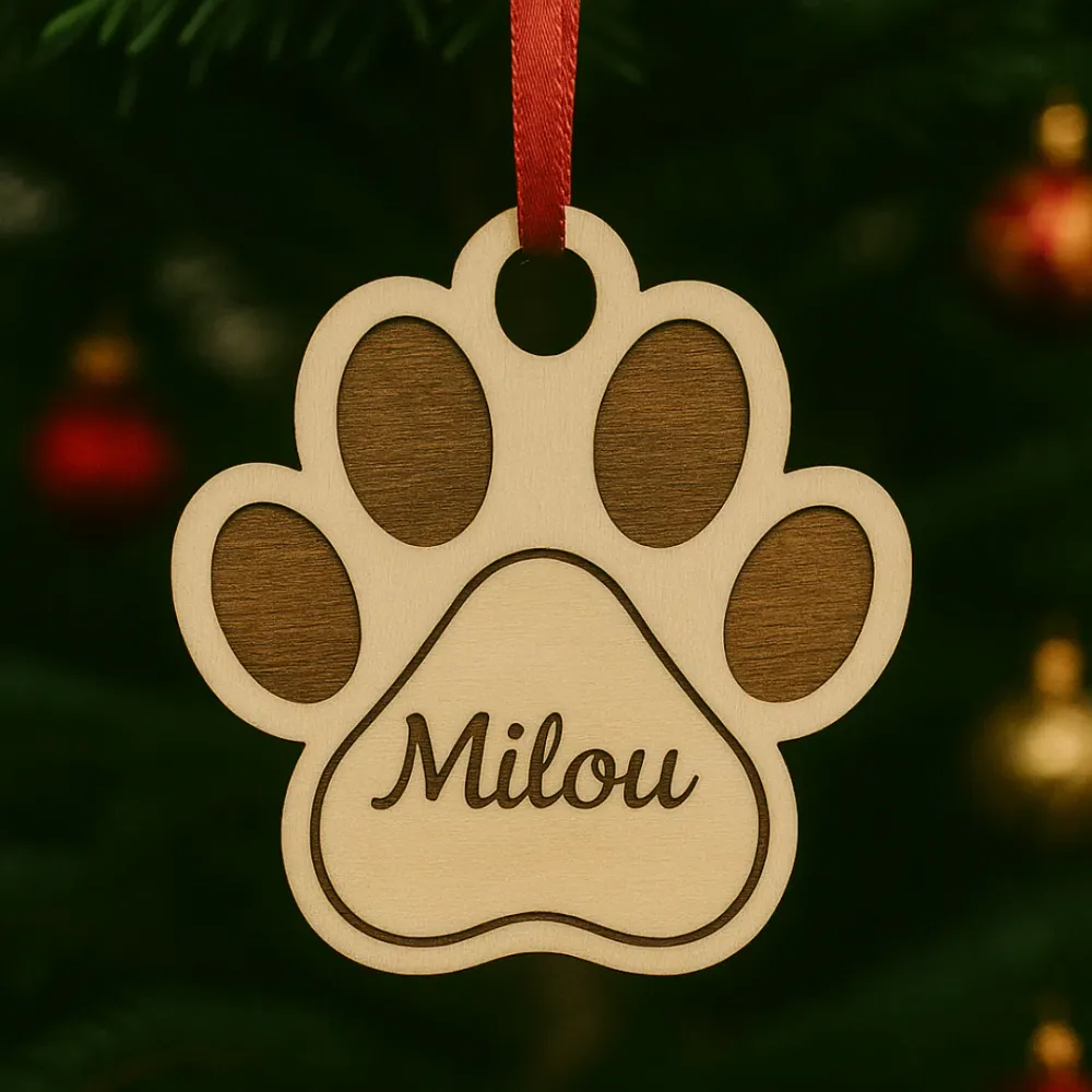 Boule de noel en bois patte de chien personnalisée