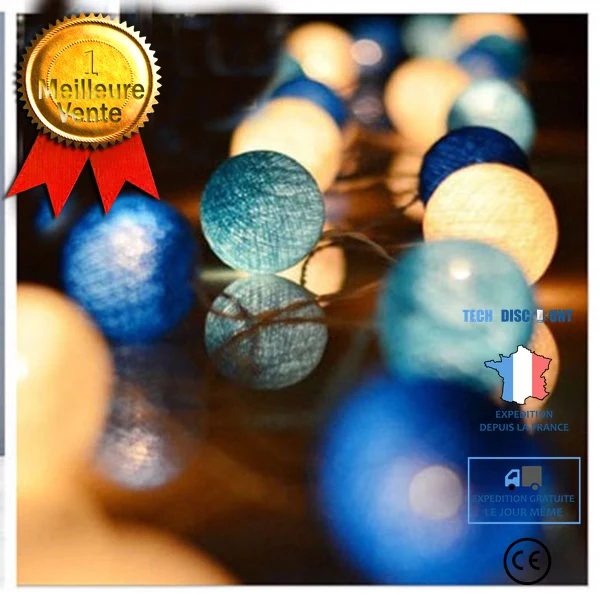 TD® 20 boules 3 m guirlande lumineuse LED boule de coton bulle guirlande lumineuse Lumières décoratives LED bleu et jaune...