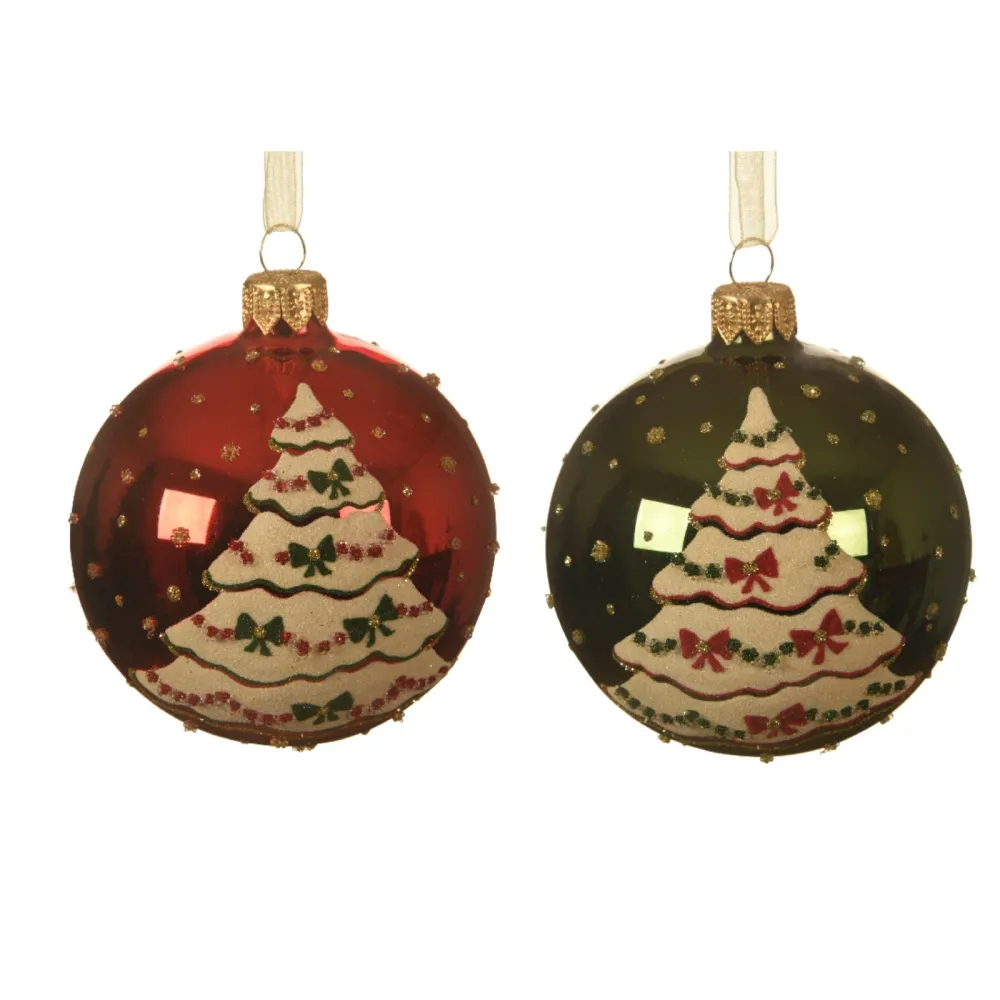 Boules de Noël en verre rouge avec arbre de 8 cm, paquet de 6 pièces
