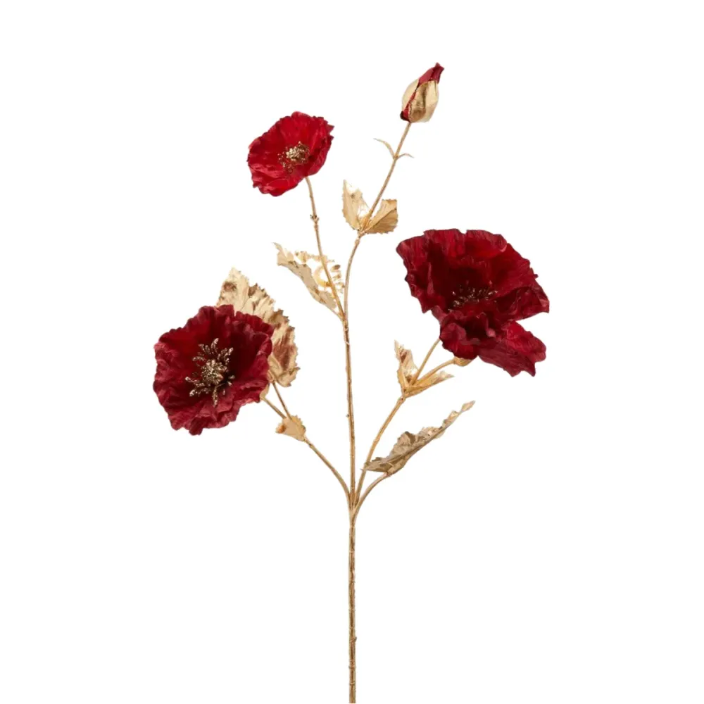 Branche décorative artificielle "Poppy" tige dorée, fleur rouge, 64 cm