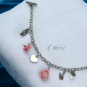 Bracelet femme, Chaine argentée. Modèle : Tortue & Etoile de Mer Rose & Feuille. C - Kamy