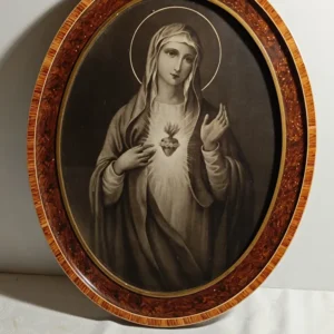 Cadre ancien, en bois et plâtre, avec une photo ancienne, Marie le Coeur-Sacré.