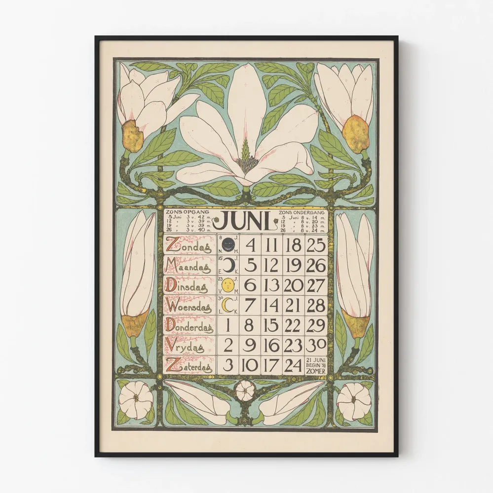 Calendrier mural décoratif de juin 1899 aux motifs floraux vintage