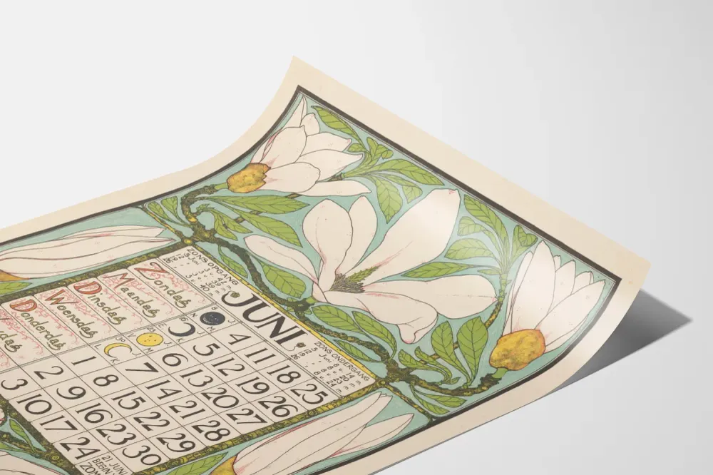Calendrier mural décoratif de juin 1899 aux motifs floraux vintage