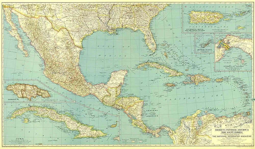 Carte du Mexique, de l'Amérique centrale et des Antilles de 1934