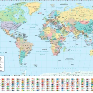 Carte du monde avec drapeaux, affiche Harper Collins, 2023
