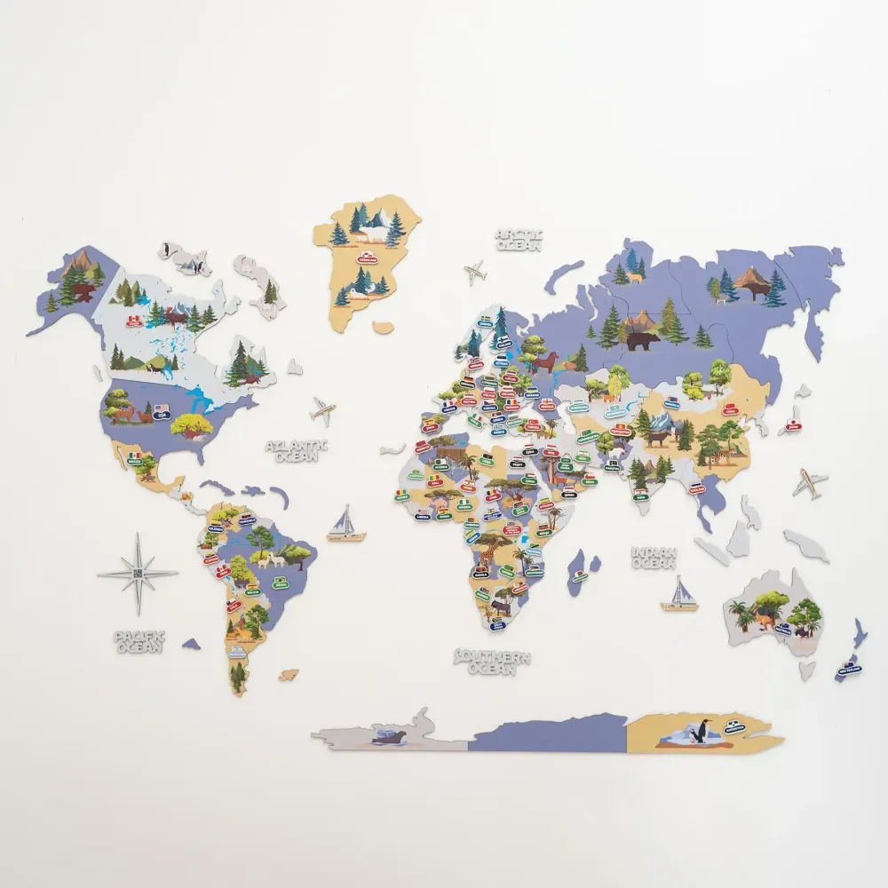 Carte du monde 2D pour enfants en bois - décoration murale
