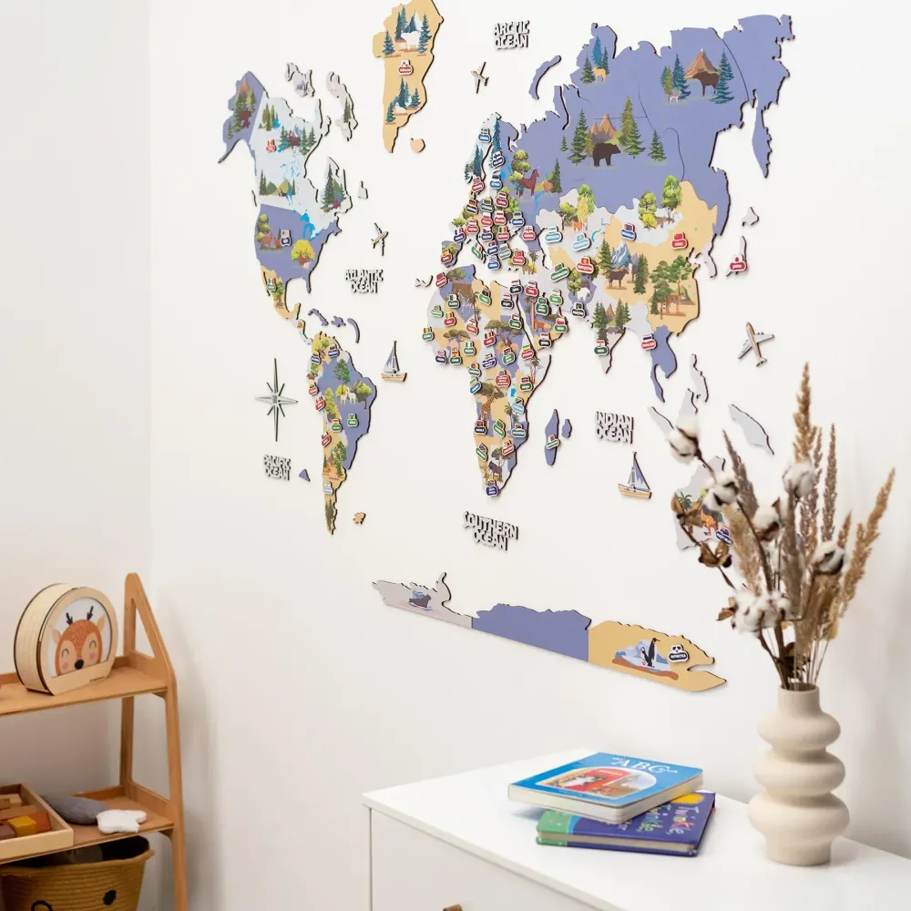 Carte du monde 2D pour enfants en bois - décoration murale