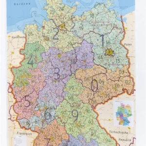 Carte murale plastifiée (en allemand) - Allemagne, avec codes postaux (100 x 140 cm) + baguettes métalliques | GeoMetro