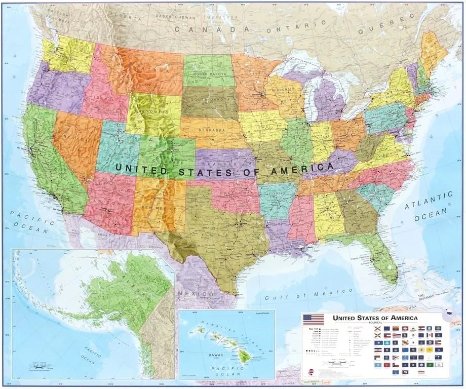 Carte murale plastifiée avec lattes de maintien en bois - USA politique (en anglais) - 120 x 100 cm | Maps International