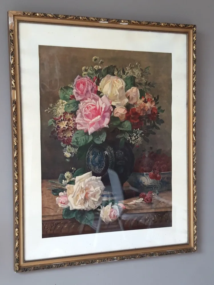 Chromo encadré : Bouquet de roses dans un vase