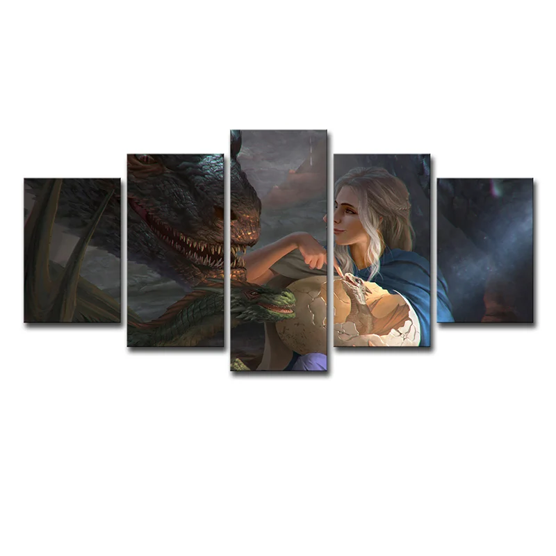 Art mural bleu multi-pièces pour enfants, impression numérique Khaleesi et son dragon, décoration murale pour chambre Clea...
