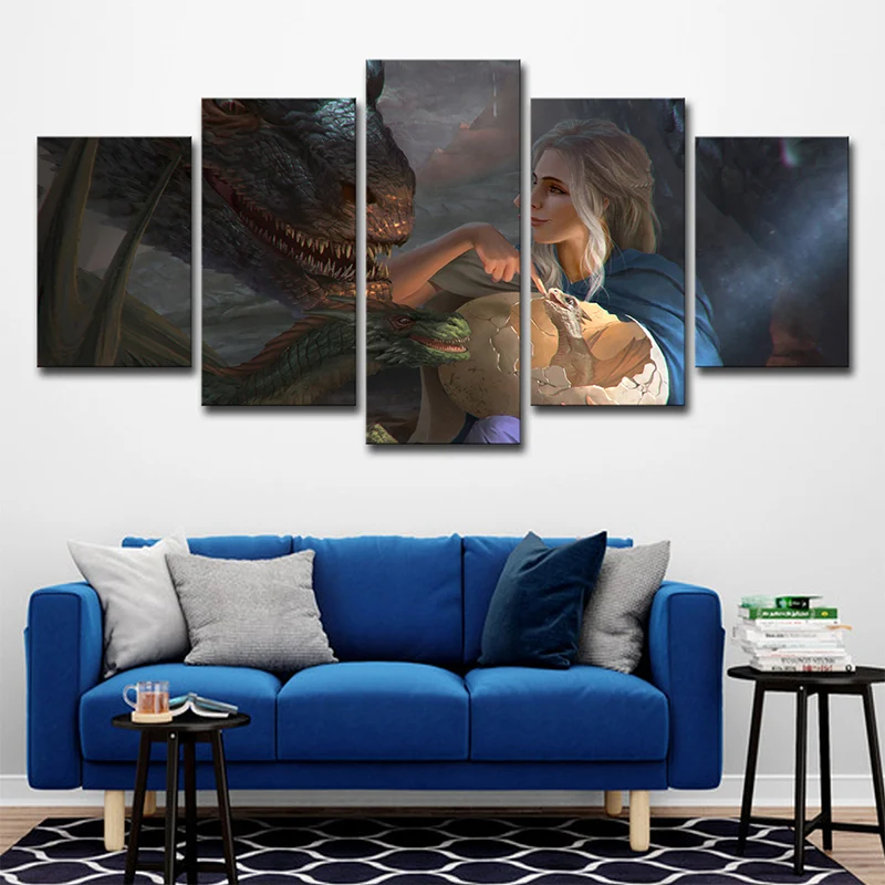 Art mural bleu multi-pièces pour enfants, impression numérique Khaleesi et son dragon, décoration murale pour chambre Clea...