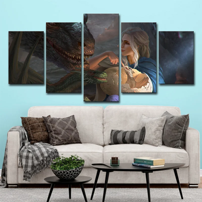 Art mural bleu multi-pièces pour enfants, impression numérique Khaleesi et son dragon, décoration murale pour chambre Clea...