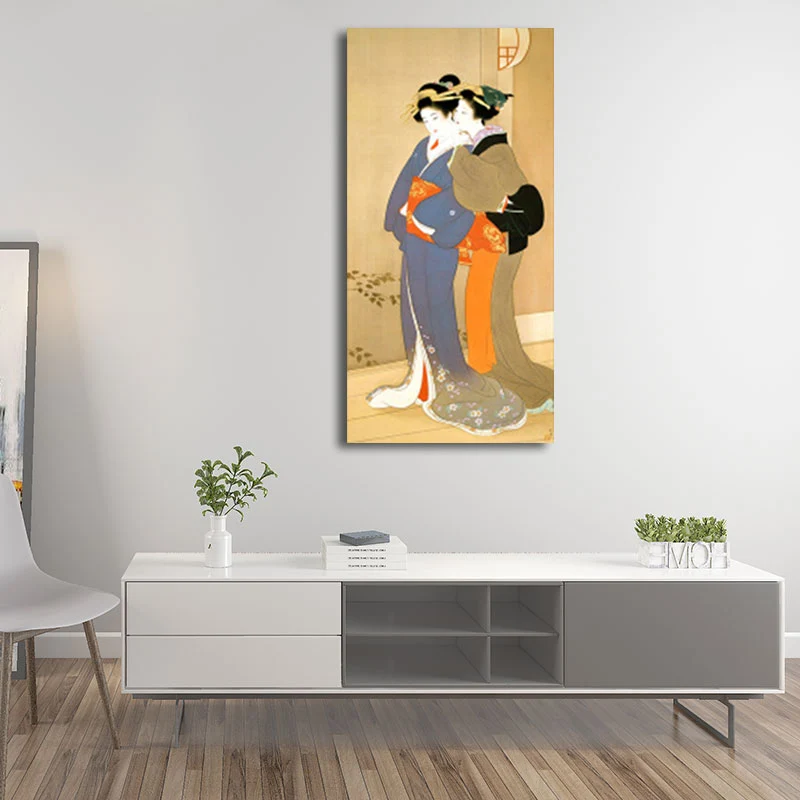 Art mural femme chuchotant orange Ukiyoe, impression sur toile texturée asiatique pour chambre d'amis Clearhalo