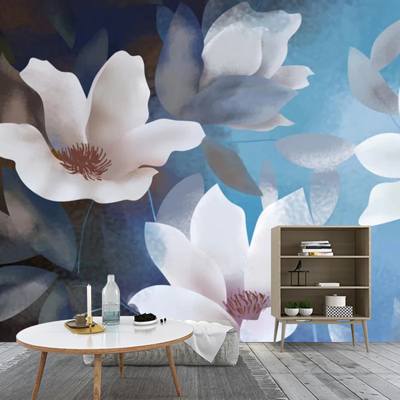 Autocollant mural avec illustration d'énormes fleurs, pour chambre à coucher en bleu et blanc, sur mesure Clearhalo