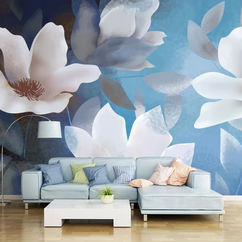 Autocollant mural avec illustration d'énormes fleurs, pour chambre à coucher en bleu et blanc, sur mesure Clearhalo