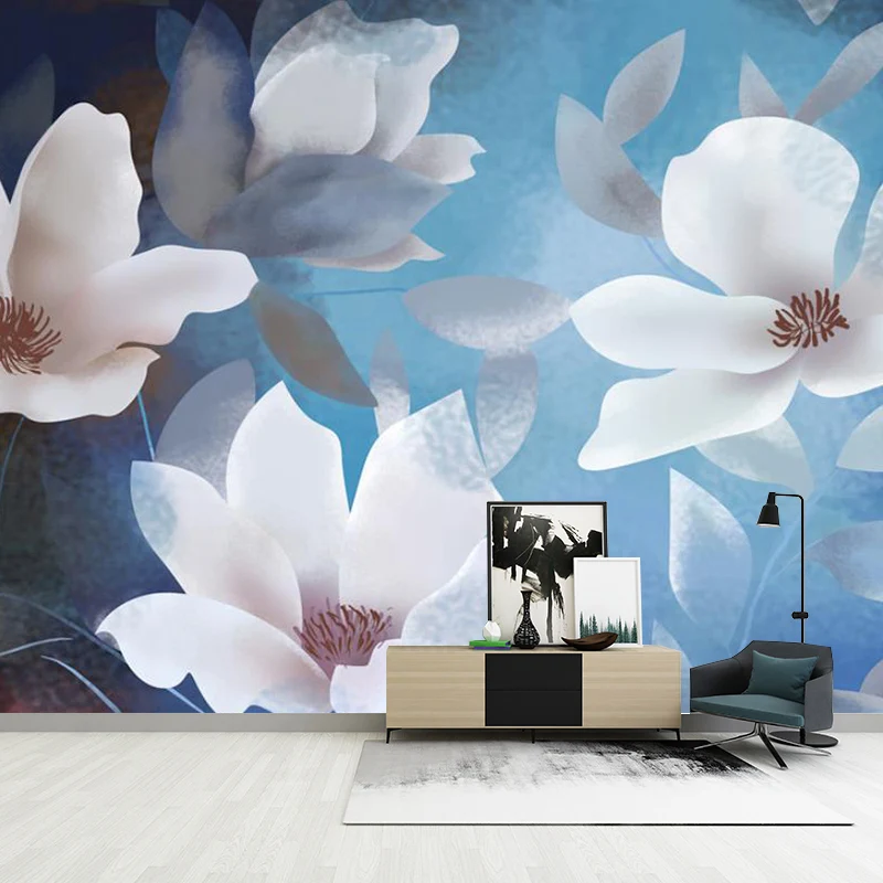 Autocollant mural avec illustration d'énormes fleurs, pour chambre à coucher en bleu et blanc, sur mesure Clearhalo